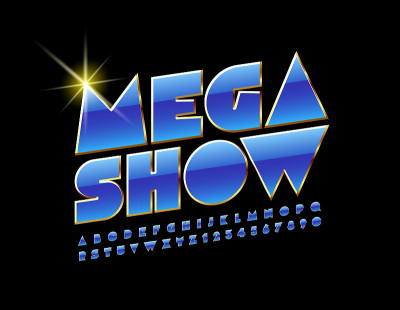 向量精英旗帜Mega Show与蓝色和金色字体。时尚创意字母