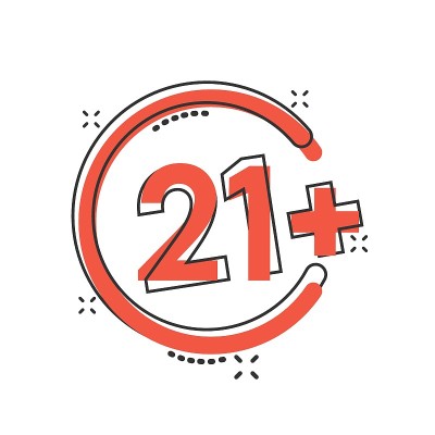 21 +漫画风格的图标。21+卡通矢量插图在白色孤立的背景。审查飞溅效应的经营理念。