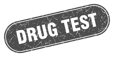 药物测试信号。毒品测试垃圾黑图章。标签