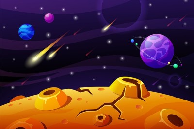 空间和行星背景。星宿宇宙，石飞夜空。游戏地点:银河，幻想宇宙世界与陨石炫目的矢量景观
