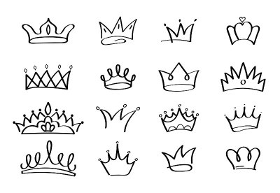 Crowns vector set in doodle style. King and queen 