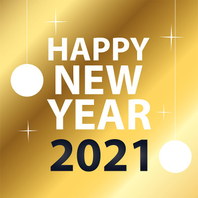 2021年新年快乐，球体悬挂金色风格矢量设计
