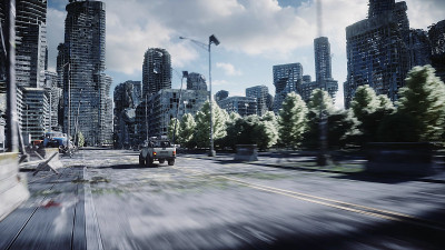 一辆旧汽车在废墟城市里行驶。天启的概念。3 d渲染。