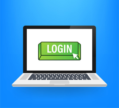 Login button laptop on blue background. Website te