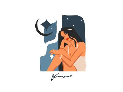 手绘矢量股票抽象平面图形插图与黄道星座处女与美丽魔法女性收集，卡通艺术设计孤立在白色的背景。