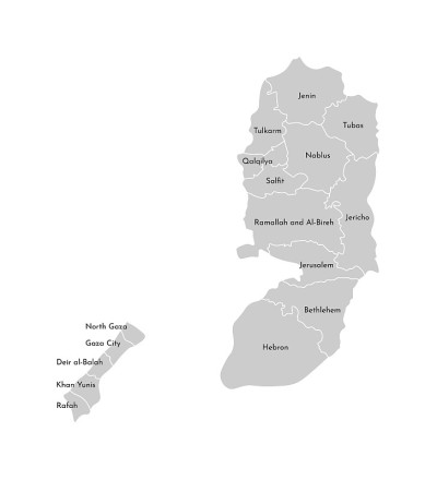 简化的巴勒斯坦行政地图矢量孤立插图。省(区)的边界和名称。灰色的剪影。白色的轮廓