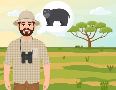 Happy man in cork hat, animal hunter thinks hippo,
