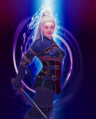 女精灵战士与剑在幻想抽象背景3D插图