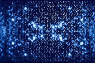 蓝色矩阵数字背景。抽象的网络空间的概念。人物倒了。来自符号流的矩阵。虚拟现实设计。复杂的算法数据黑客