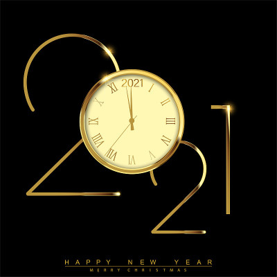 2021年新年快乐，戴着闪亮的金表。向量