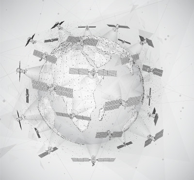 地球仪，行星地球，从点开始。近地轨道通信卫星。bigdata概念。
