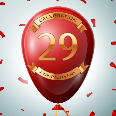 Realistic Red balloon and gold ribbon, confetti wi