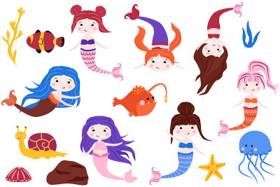 set of isolated mermaids and elements - vector ill