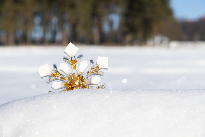 雪花玩具躺在雪地上