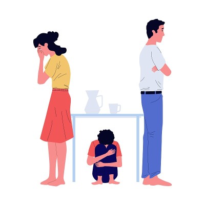 妈妈和爸爸吵架了。冒犯了桌子下的孩子。家庭冲突。不幸的人互相轻视。人们和男孩争论。分歧或离婚。向量危