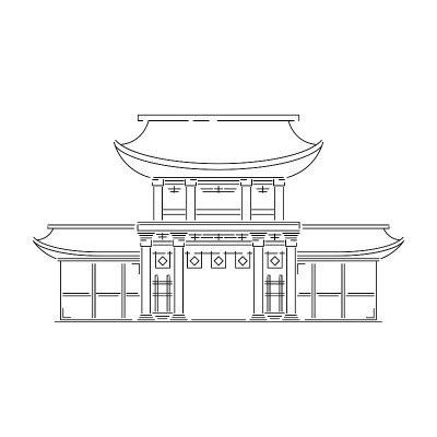 日本地标-寺庙，神社，城堡，宝塔，大门矢量插图简化旅游图标。中式、亚洲山水传统住宅。线素描。现实元素