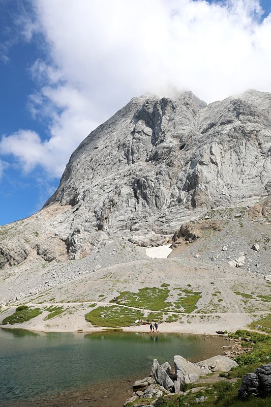 夏季高山湖的湖水，背景是高山