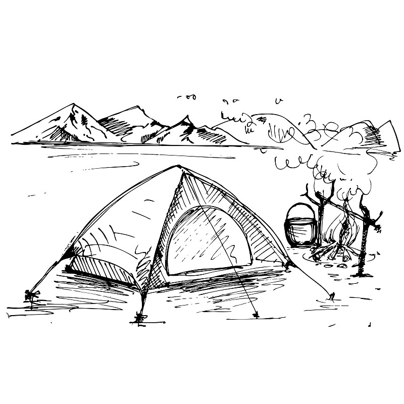 手绘景观与帐篷和山。草图。向量eps 10