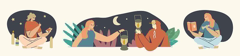 光源概念。男人和女人与手电筒，灯笼和蜡烛在晚上。字符使用照明