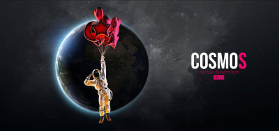 以气球和行星为背景的地球和太空中的宇航员。矢量图