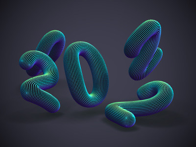 在灰色背景上分散的3D蓝色数字。由发光的圆点组成的浮动数字。