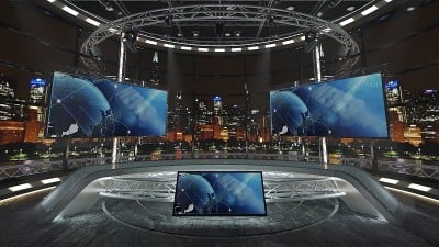 虚拟电视演播室新闻集绿屏背景。3 d渲染。
