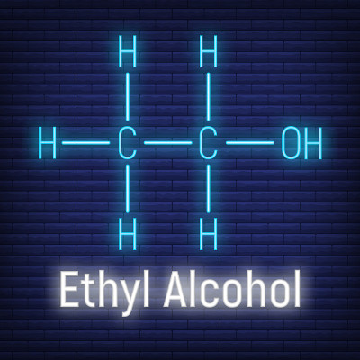 酒精酒精发光霓虹灯风格的概念化学公式图标标签，文本字体矢量插图，隔离在墙壁背景。周期元素表。