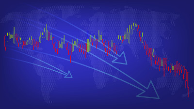 比特币的收入减少。Cryptocurrency贬值。获得经济收入。收入损失。比特币损失图。比特币。比