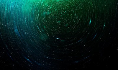 绿色抽象科幻小说的未来背景，太空中模糊的星星
