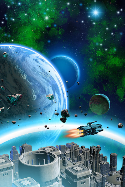 空间站在一个外星行星系统与两个卫星，宇宙飞船飞行在未来城市，3d插图