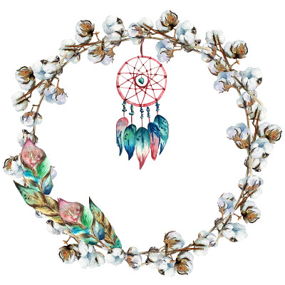 水彩手画棉花树枝花环捕梦网和羽毛。