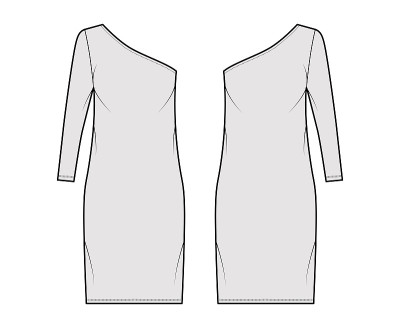穿着一肩技术时尚插图与长袖，超大的身体，及膝铅笔裙服装