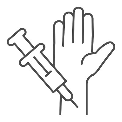 Injection with syringe in hand thin line icon, inj