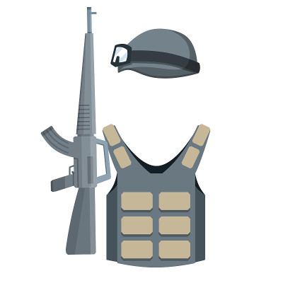 士兵的现代武器和盔甲。军用头盔