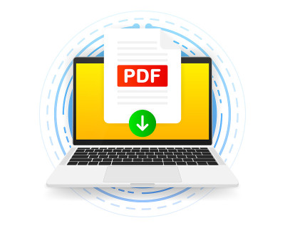 下载PDF图标文件与标签在屏幕电脑。下载文档的概念。矢量插图。