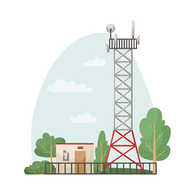 一个蜂窝通信塔站在森林中的矢量图。5G、4g信号分布。互联网。现代技术