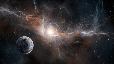 空间背景。彩色的白色和橙色分形星云与行星