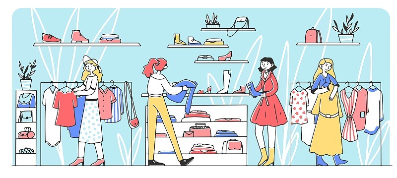 在时装店挑选衣服的快乐女性顾客