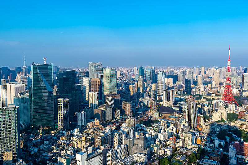 从东京港区六本木一座摩天大楼的观景台上看到的东京城市景观。