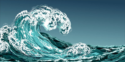 海高波。手绘逼真的矢量插图。