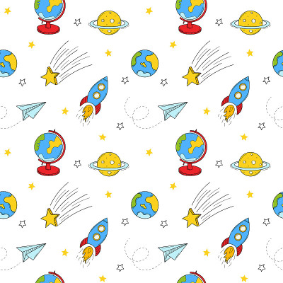 与空间物体，火箭，飞机，空气轨迹，行星，地球，土星，彗星，地球的无缝模式。手绘色彩填充元素。在白色背