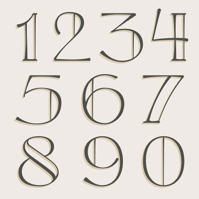 优雅的字母数字衬线集。带有阴影线的经典细笔字母。