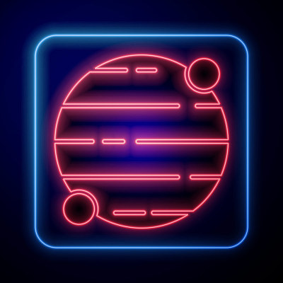 发光的霓虹行星图标孤立在蓝色背景。向量