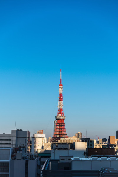 亚洲房地产和企业建设的商业理念-日本东京滨松町的蓝天和阳光下的城市全景鸟瞰图