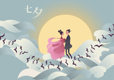 矢量插图卡为中国七夕节。一对可爱的卡通人物牛郎和织女站在喜鹊桥上。字幕翻译:七夕，可以读作七夕