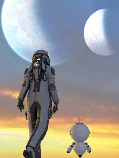 太空旅行者带着一个小机器人探索一颗新行星