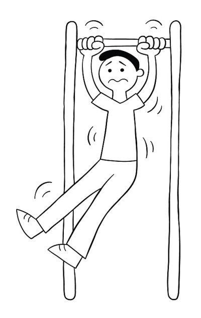 卡通男人上了引体向上却不能，矢量插图