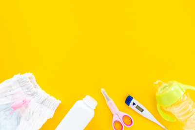 Set for children's hygiene on a yellow background,