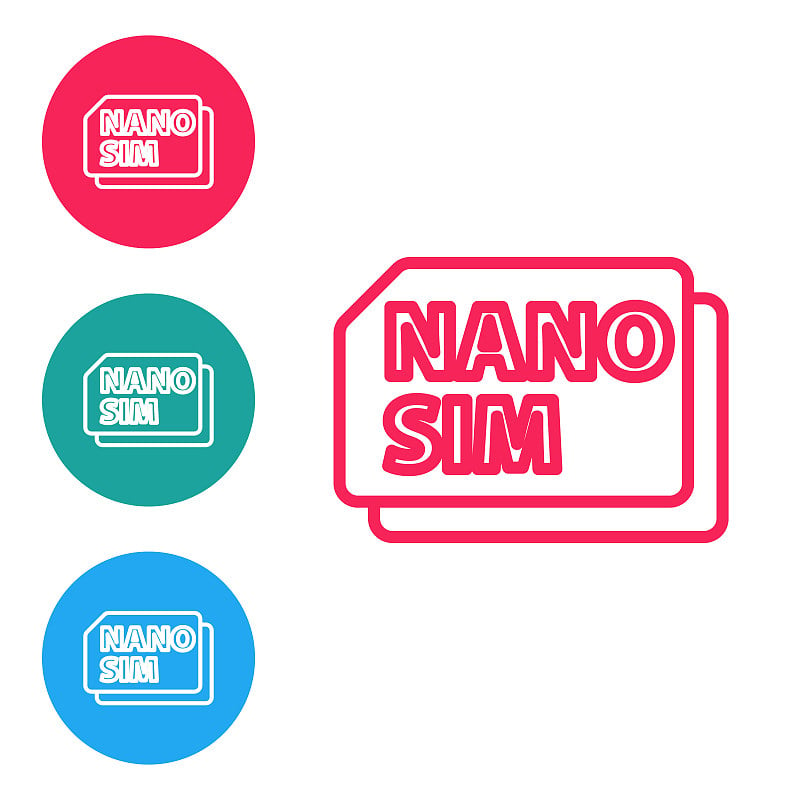 红线Nano Sim卡图标隔离在白色背景上。移动和无线通信技术。网络芯片电子连接。在圆形按钮中设置图