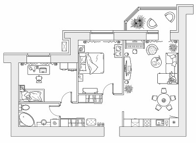 公寓的规划与家具的安排。房屋建筑图纸(俯视图)。室内设计平面从上面。向量